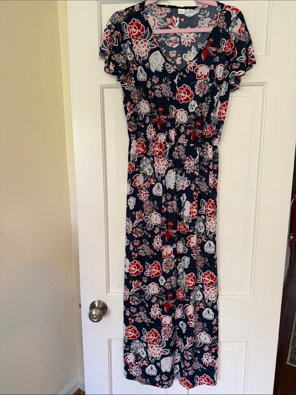 Navy Floral Maxi Dress with Red & White Blooms